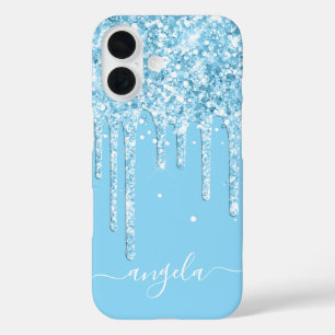 Coque Pour iPhone 16 Baby Blue Glitter Drips Glam Signature