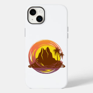 Coque Pour iPhone 14 Plus Badge avec paysage volcanique tropical et palmiers