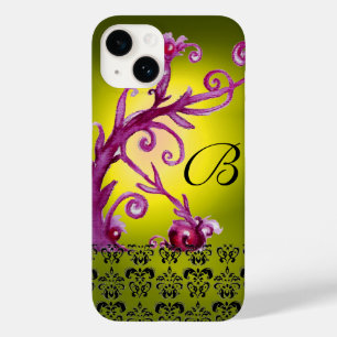 Coque Pour iPhone 14 BAIES, BERRIES DAMASK MONOGRAM rose noir