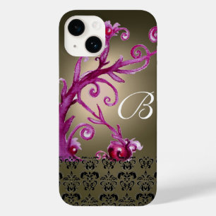 Coque Pour iPhone 14 BAIES, BERRIES DAMASK MONOGRAM rose noir gris