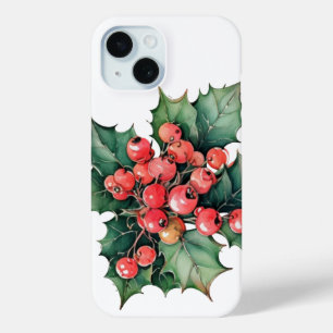 Coque Pour iPhone 15 Baies de houx et feuilles à l'aquarelle vintage 