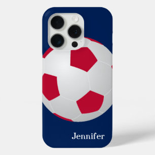 Coque iPhone 15 Pro Bal de football, rouge, blanc et bleu, nom