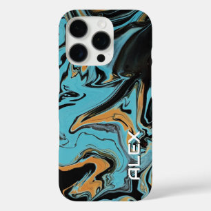 Coques iPhone 16 Pro Balayage de peinture orange noir, bleu et brûlé