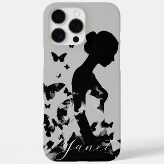 Coques iPhone 16 Pro Max Ballerina Butterflies Black Silhouette Nom moderne