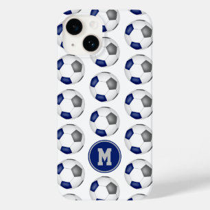 Coque Pour iPhone 14 ballons de football gris bleu motif monogrammed