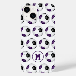 Coque Pour iPhone 14 ballons de football noir violet motif monogrammé