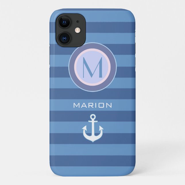 Coques Case-Mate iPhone bandes bleues et ancre monogrammée (Dos)