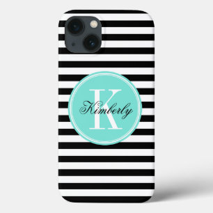 Coques Pour iPhone Bandes noires et blanches avec Monogramme Turquois