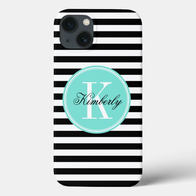 Coques Case-Mate iPhone Bandes noires et blanches avec Monogramme Turquois (Verso)