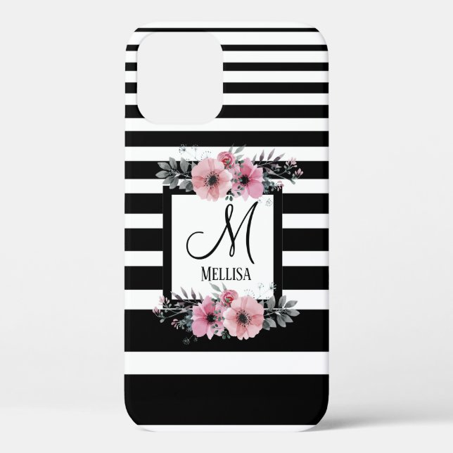 Coques Case-Mate iPhone Bandes noires et blanches Monogramme floral rose (Verso)