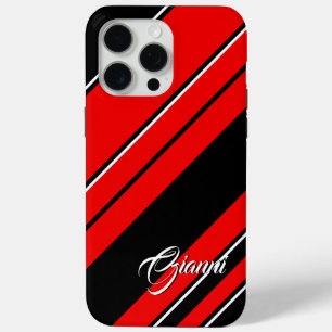 Coque iPhone 15 Pro Max Bandes Noires, Rouges Et Blanches - Votre Nom Modè