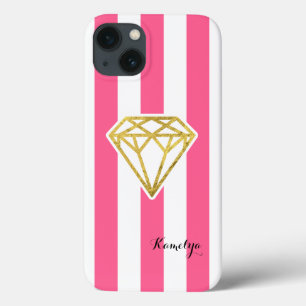 iPhone 13 Case Bandes roses avec diamant d'huile d'or