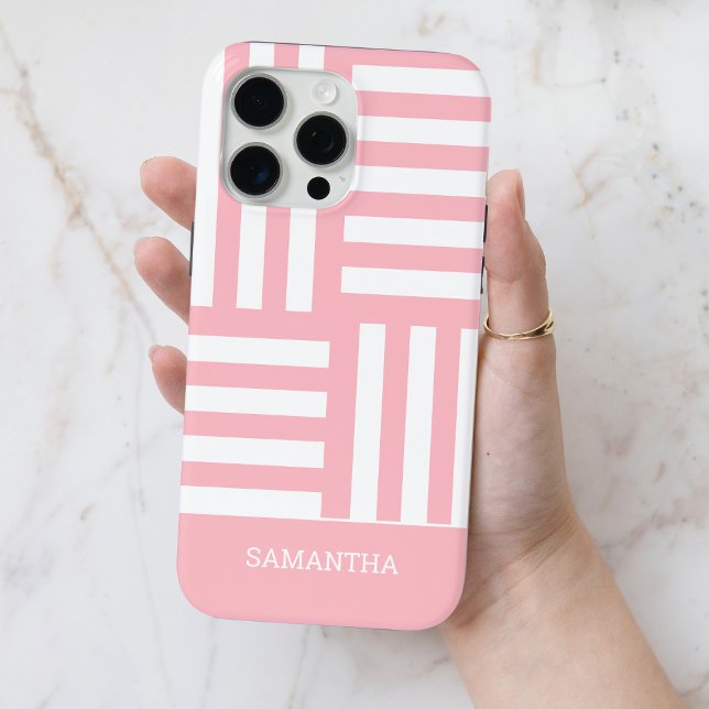 Coques Case-Mate iPhone Bandes roses modernes Blanc Personnalisé Nom Simpl (Modern Pink Stripes White Custom Name Simple Chic Case-Mate iPhone Case)