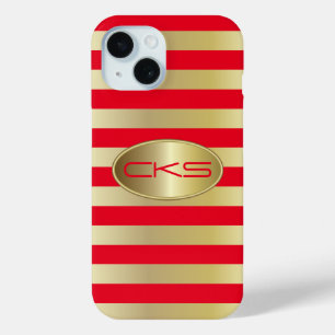 Coque Pour iPhone 15 Bandes rouge et or   Monogramme