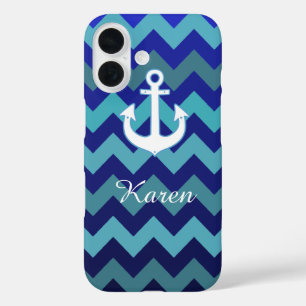 Coque Pour iPhone 16 bandes zig-zag bleu aqua, ancre et nom