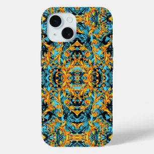 COQUE POUR iPhone 15 BAROQUE ITALIEN BLEUE AQUA IMPRIMER ORNAMENTALE