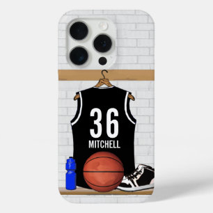 Coque iPhone 15 Pro Basket-ball noir et blanc du Jersey