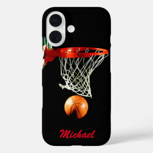 Coque Pour iPhone 16 Basket-ball Votre nom Black White Red