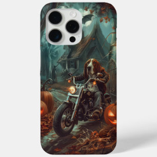 Coque iPhone 15 Pro Max Basset Hound à moto Halloween Épouvantable