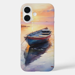 Coque Pour iPhone 16 Bateau à eau de style côtier au coucher du soleil