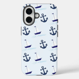Coque Pour iPhone 16 Bateau à voile et Motif d'Ancres Bleu