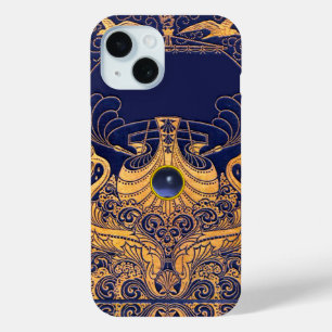 Coque Pour iPhone 15 Bateau antique, Dauphins, Or, Nautique, Bleu marin