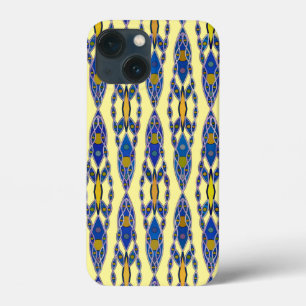 iPhone 13 Mini Coque Batik tribal - Acier bleu, gris et jaune