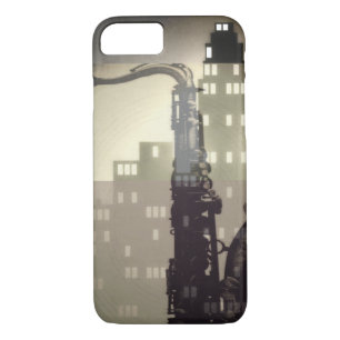Coque iPhone 7 Bâtiment Art déco et saxophone inspiré de l'ère ja