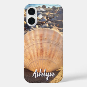 Coques iPhone 16 Beach Seashell Photo Nom personnalisé Script Moder