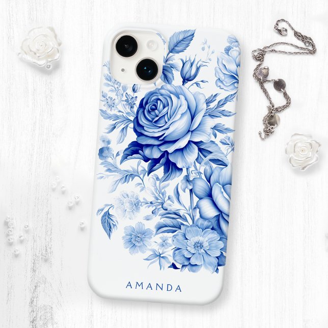 Coques Case-Mate iPhone Beau bleu/blanc Roses personnalisés (Créateur téléchargé)