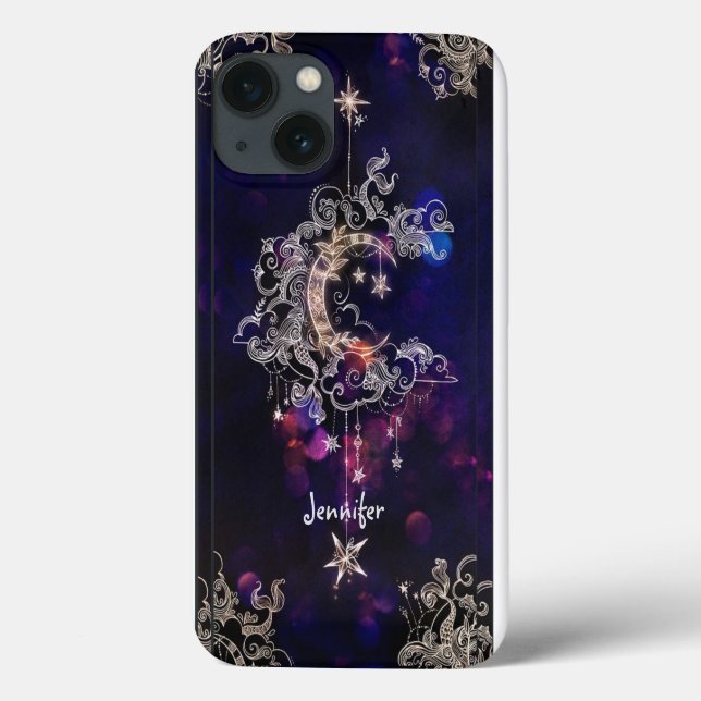 Coques Case-Mate iPhone Beau Boho Moon Stars Blue Purple Texte Personnalis (Verso)