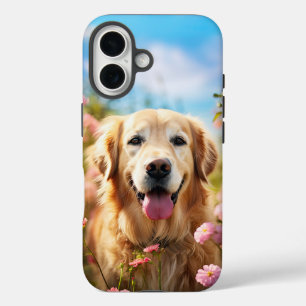 Coque Pour iPhone 16 Beau Golden Retriever avec Fleurs
