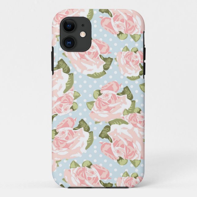 Coques Case-Mate iPhone Beau motif de rose avec le pois bleu (Dos)