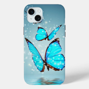 Coque iPhone 15 Mini beau papillon bleu brillant