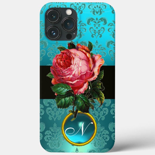 COQUES Case-Mate iPhone BEAU ROSE ROSE BLEU TURQUOISE DAMASK GEM MONOGRAM (Verso)