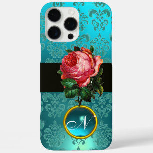 COQUES iPhone 16 PRO MAX BEAU ROSE ROSE BLEU TURQUOISE DAMASK GEM MONOGRAM