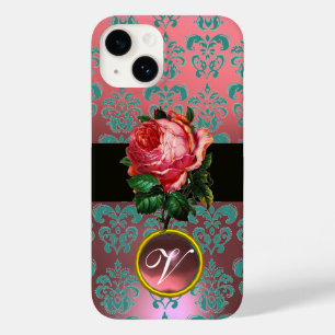 COQUE POUR iPhone 14 BEAU ROSE ROSE BLEU TURQUOISE DAMASK GEM MONOGRAM