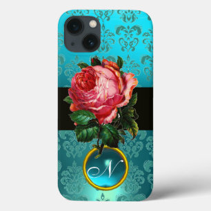 iPhone 13 COQUE BEAU ROSE ROSE BLEU TURQUOISE DAMASK GEM MONOGRAM