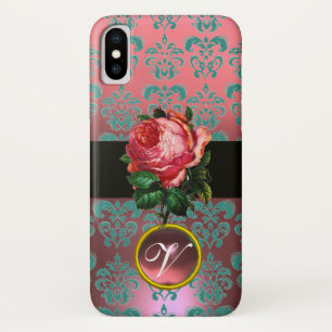 COQUE iPhone X   BEAU ROSE ROSE BLEU TURQUOISE DAMASK GEM MONOGRAM