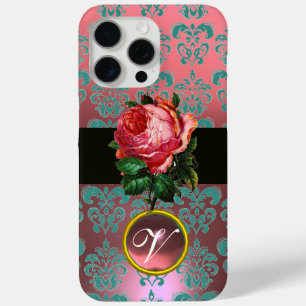 COQUE iPhone 15 PRO MAX BEAU ROSE ROSE BLEU TURQUOISE DAMASK GEM MONOGRAM