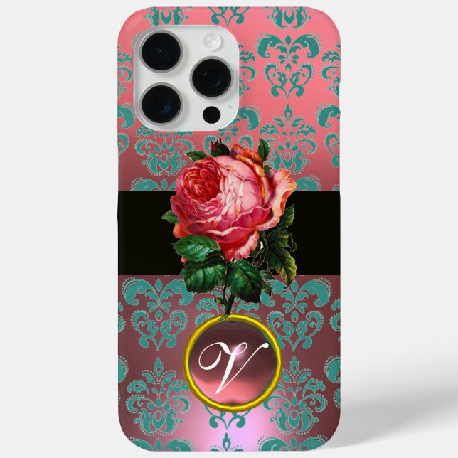 COQUES Case-Mate iPhone BEAU ROSE ROSE BLEU TURQUOISE DAMASK GEM MONOGRAM (Verso)
