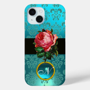 COQUE POUR iPhone 15 BEAU ROSE ROSE BLEU TURQUOISE DAMASK GEM MONOGRAM