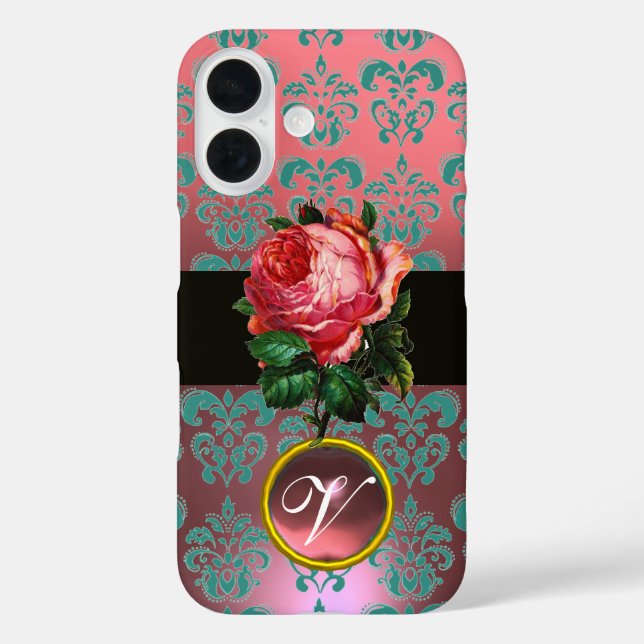 COQUES Case-Mate iPhone BEAU ROSE ROSE BLEU TURQUOISE DAMASK GEM MONOGRAM (Verso)