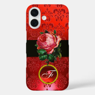 COQUES iPhone 16 BEAU ROSE ROSE ROSE ROUGE BLACK DAMASK RUBY MONOGR
