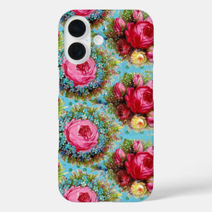 COQUE POUR iPhone 16 BEAU ROSE ROUGE ROSE ROSE ET FLEURS BLEUES