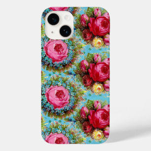 COQUES POUR iPhone BEAU ROSE ROUGE ROSE ROSE ET FLEURS BLEUES