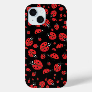 Coque Pour iPhone 15 Beaucoup de Red Ladybugs Lucky Motif Black
