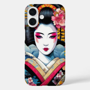 Coque Pour iPhone 16 Beauté orientale Geisha Maiko sakura fleurs vagues