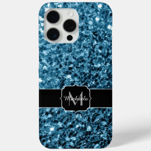 Coque iPhone 15 Pro Max Bébé bleu faux parties scintillant scintille Monog