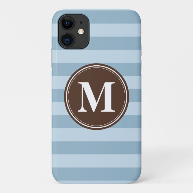 Coques Case-Mate iPhone Bébé Bleu rayures avec Monogramme Brown (Dos)
